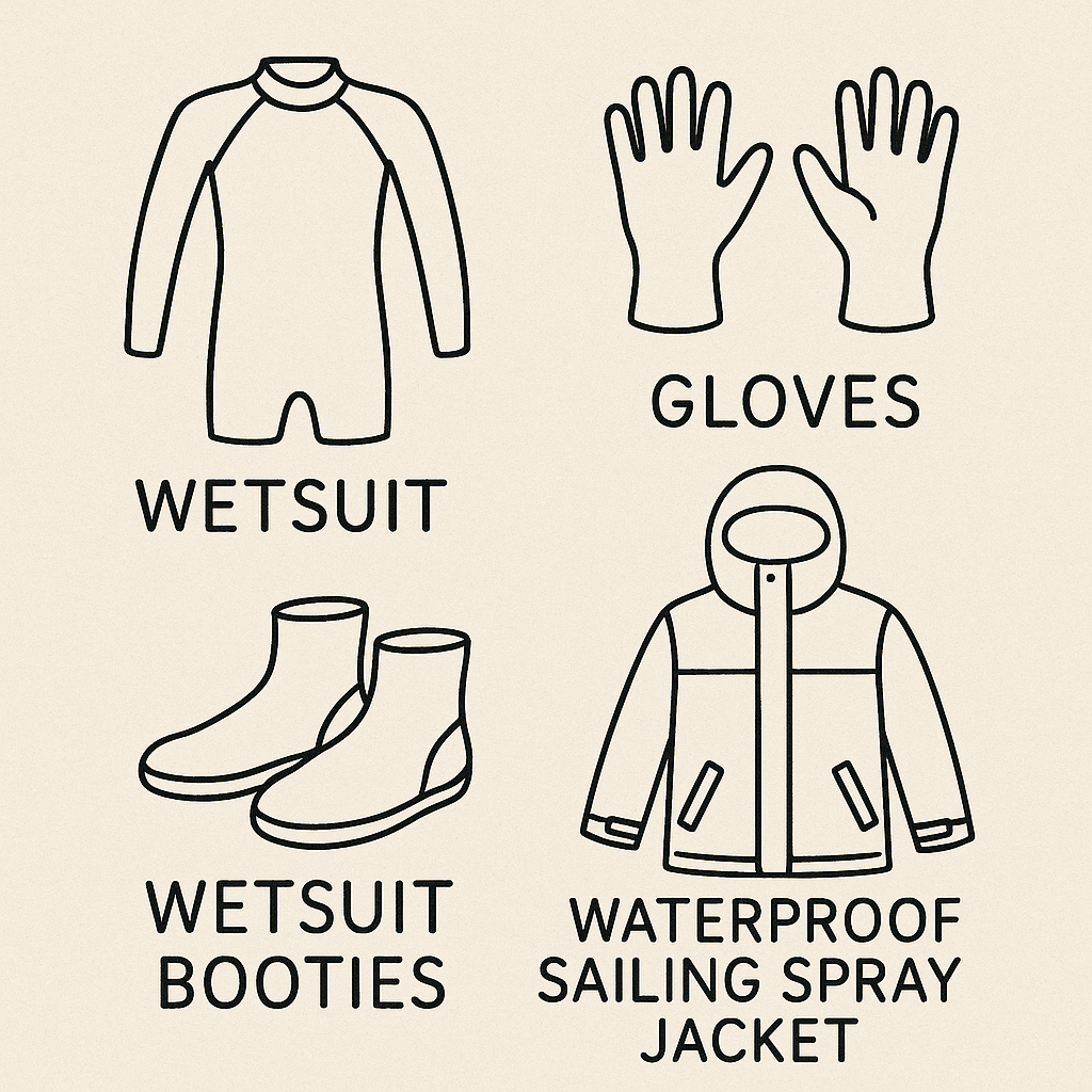 wetsuit, gloves, wetsuit booties, waterproof sailing spray jacket